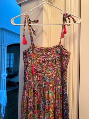 fab'rik Multicolor Floral Maxi Dress with Pink Tassels. Boho style anthro vibes